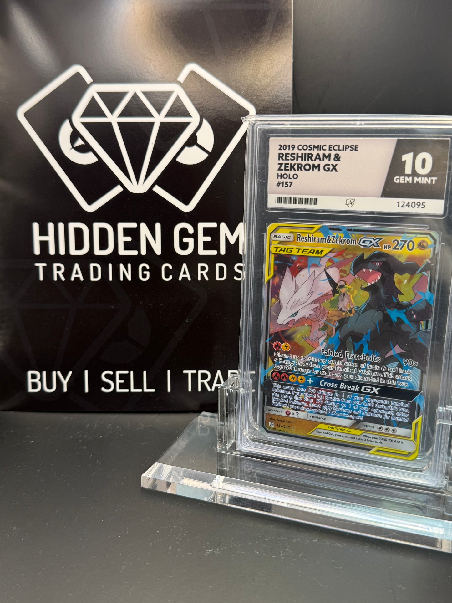 Pokemon: Reshiram & Zekrom GX | Tag Team | Cosmic Eclipse | 157/236 | ACE 10 | Perfect 10 Grades
